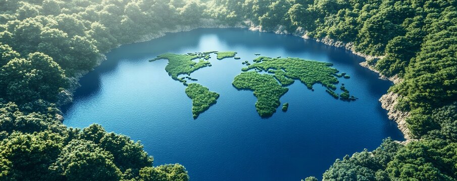 World map made of trees floating in calm blue water