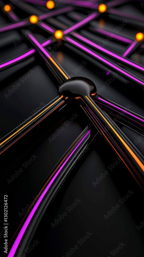 Poster interconnected spheres network with neon lines and glossy black surface abstract design