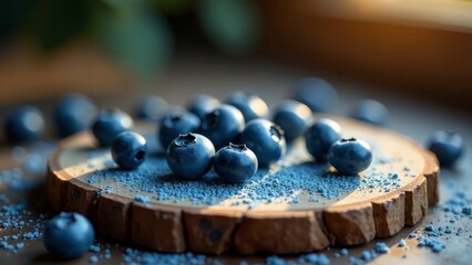 Close-up view of fresh blueberries arranged on a rustic wooden surface, dusted with a fine blue powder, bathed in soft sunlight