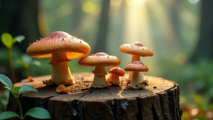 Golden Sunlight Illuminates a Cluster of Mushrooms on a Forest Stump