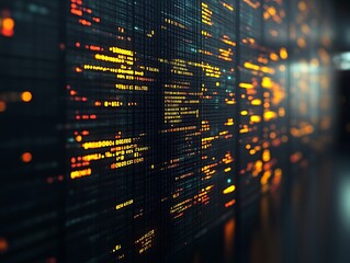 Glowing code streams in server room