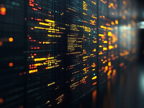 Glowing code streams in server room