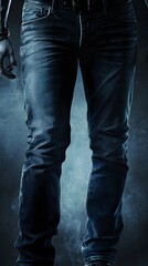 Jeans and Denim: A striking high-angle captures the modern denim texture of a man's jeans, showcasing detailed stitching and a timeless style.