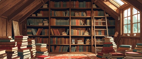Attic room filled with old books background anime retro cartoon concept illustration