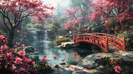 Serene Japanese Garden with Cherry Blossoms and Red Bridge