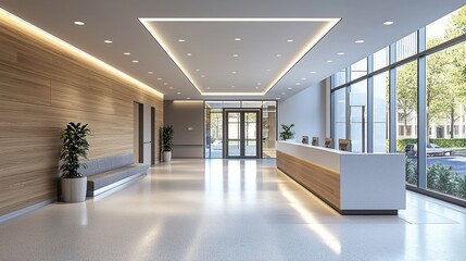 Fototapeta premium Large, empty lobby with a white counter and a few potted plants