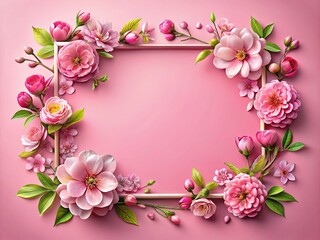 Obraz premium Elegant Pink Floral Frame: Blossoms & Leaves on Pink Background - Stock Photo