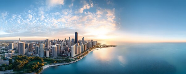 An expansive panoramic view captures the Chicago skyline at sunrise
