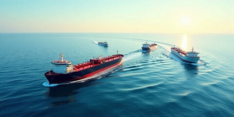 Naklejka premium A fleet of large tankers sailing on a calm ocean at sunset, displaying their powerful hulls and sleek designs, moving in a coordinated manner, creating a majestic scene of global maritime trade