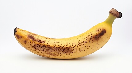 Close-up view of a ripe banana, showing its yellow skin and brown spots against a white background
