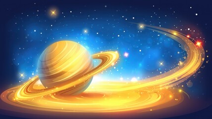 Naklejka premium Stunning Digital Illustration of Saturn with Glowing Rings in a Starry Space Background