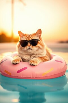 Cool cat relaxing on a donut floaty in a pool, wearing sunglasses. Summer vibes!