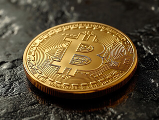 Close-Up of a Gold Bitcoin on Dark Surface
