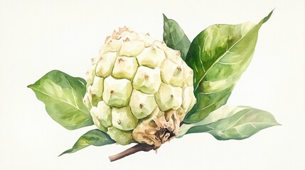 Fototapeta premium Watercolor Painting of a Noni Fruit with its Green Leaves on a White Background