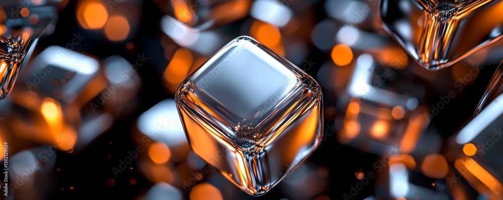 Poster abstract composition of reflective cubes with orange bokeh lights and dark background art design