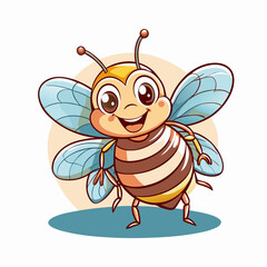 Smiling cartoon bee with blue wings on light background