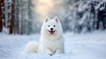 Happy Samoyed Dog Smiling in Snowy Winter Landscape Surrounded by Snowflakes and Forest Background
