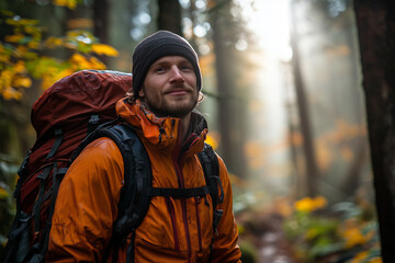 Obraz premium Cheerful hiking man with a backpack enjoys an outdoor adventure in a forest at sunset, surrounded by autumn colors. relaxed expression and the golden light convey freedom and appreciation for nature.