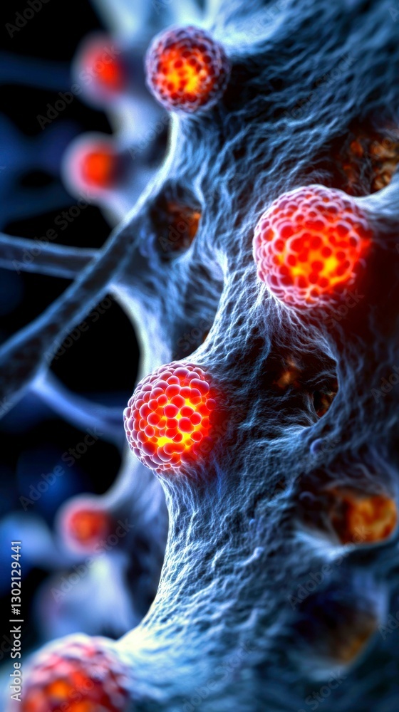 Poster nerve cells with red nodes neural network microscopic view blue filaments and glowing spheres