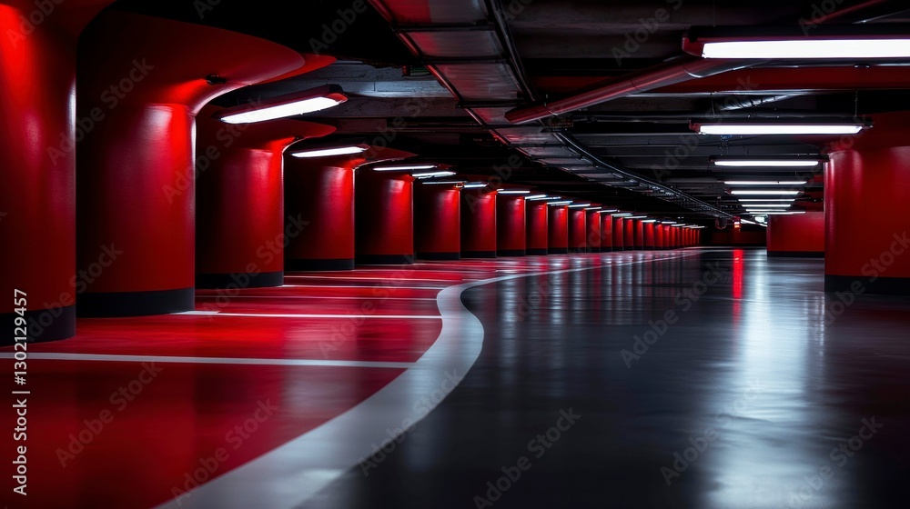 Poster red parking garage interior with dim lighting and rows of support columns perspective view