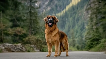Naklejka premium Majestic golden dog standing proudly on a serene mountain road surrounded by lush greenery