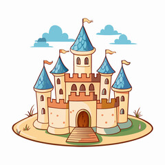 Fototapeta premium Cartoon castle with blue towers on grassy landscape