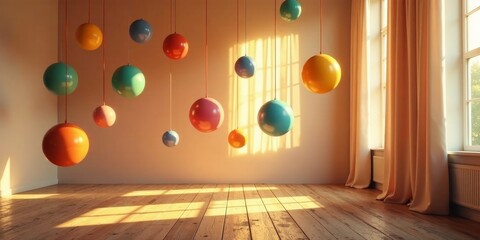 Fototapeta premium Sunlit Room Decorated with Hanging Colorful Spheres on Wooden Floor
