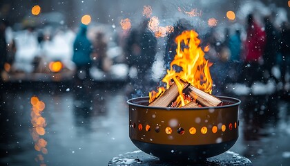 Snowing, fire pit, winter market, flames