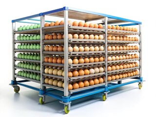 Hatchery Eggs: Rows of Egg Trolleys in Cold Storage Ready for Incubation