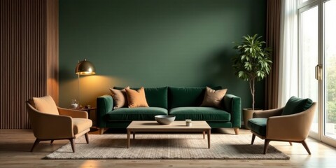 Serene Living Room Interior Design with Deep Green Walls and Luxurious Upholstery