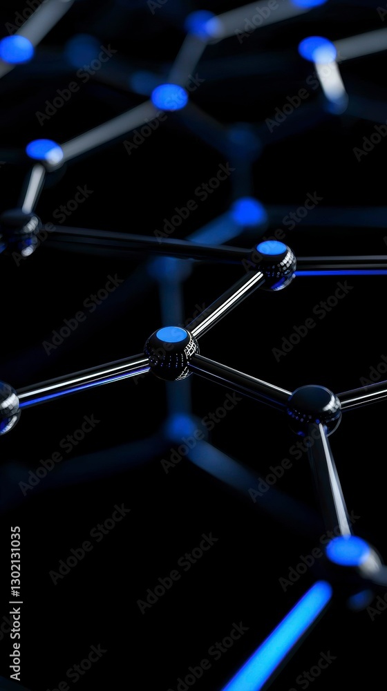 Poster abstract chrome molecule structure with blue highlights on dark background technology design image