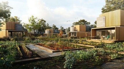 Fototapeta premium Sustainable Community Living: Eco-Friendly Modular Homes in a Shared Garden
