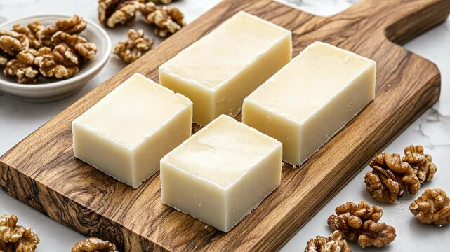Walnut and nougat sweets displayed on a wooden board with nuts in a bright kitchen setting