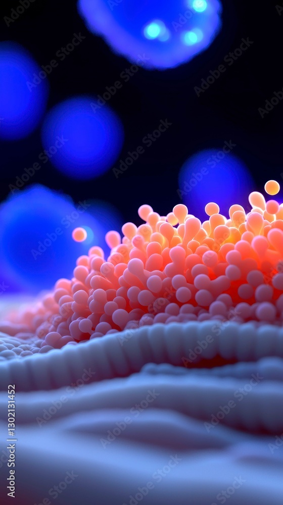 Poster cellular landscape in microscopic detail featuring rounded structures and fluorescent background bub