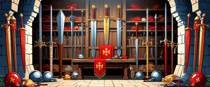Castle armory with polished medieval weapons background anime retro cartoon concept illustration