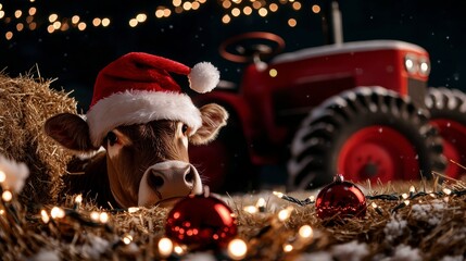 Festive Cow with Santa Hat in Winter Wonderland Farm Setting Holiday Christmas Tractor