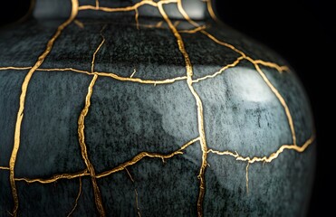 Dark Green Vase with Gold Crackle Design