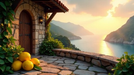 Obraz premium Serene Sunset Vista Mediterranean Stone Patio with Lemon Fruits and Ocean View
