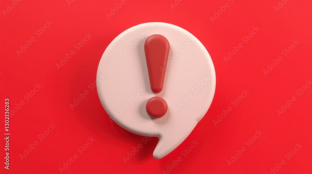 Poster exclamation point icon: white speech bubble with red symbol on red background indicating alert or wa