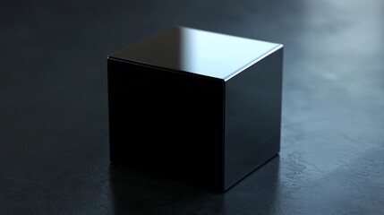 A sleek, minimalist 3D rendered black cube on a smooth gray surface with reflections