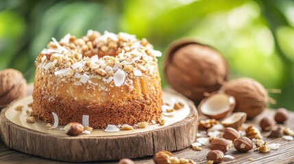 Fototapeta premium Freshly Baked Cake Garnished with Nuts and Coconut on Wooden Surface