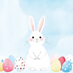 Fototapeta premium Cute Bunny with Colorful Easter Eggs Against a Bright Blue Background
