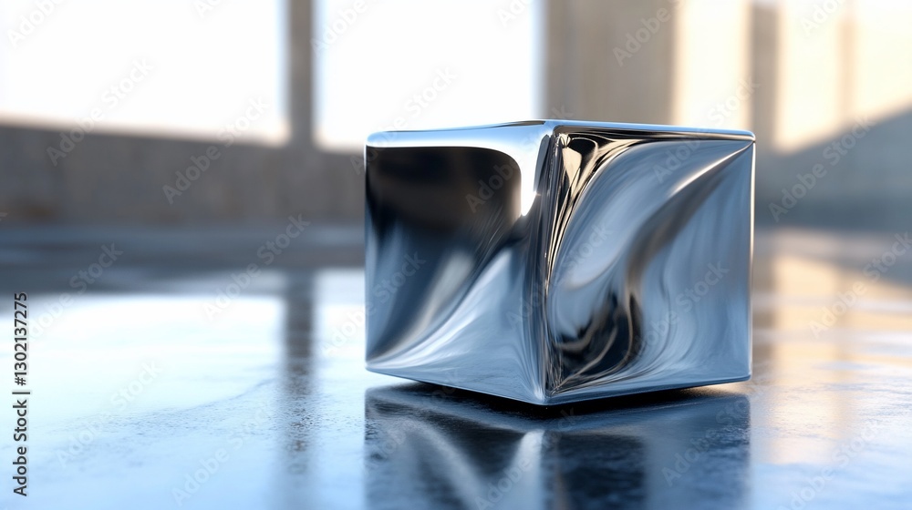 Poster shiny metallic cube reflecting light in a modern interior setting with a soft background