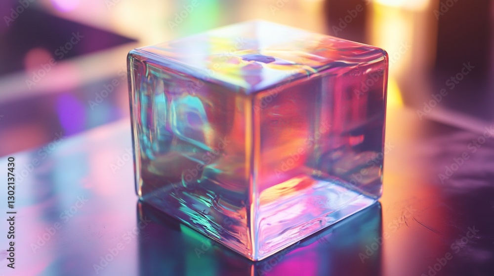 Poster a translucent iridescent cube rests on a reflective surface with colorful blurred bokeh lights in th
