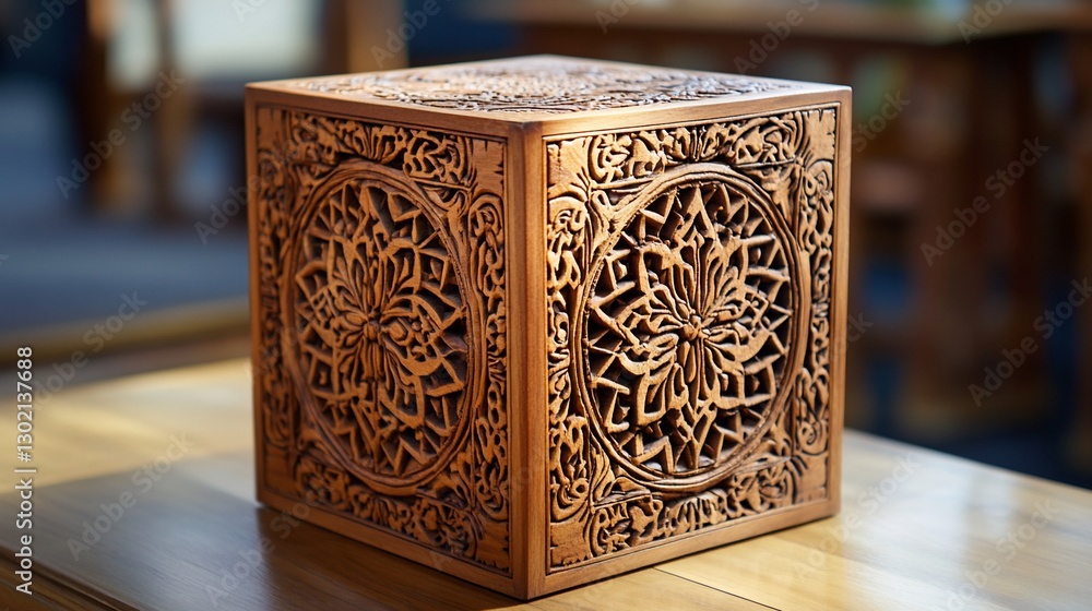 Poster ornate carved wooden cube with intricate floral pattern and light play on surface