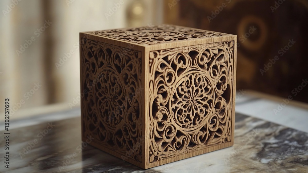 Poster a intricately carved wooden cube with ornamental details displayed on a marble surface