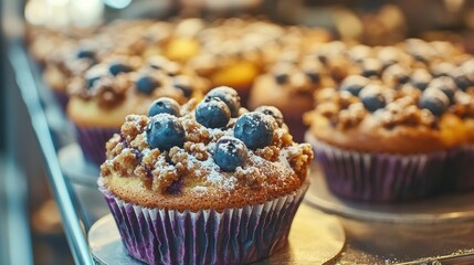 Freshly Baked Muffins with Blueberries and Crumble Topping