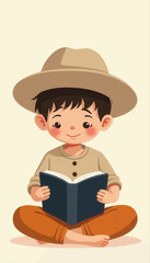 Cartoon Boy with Hat Reading Book, Transparent Background