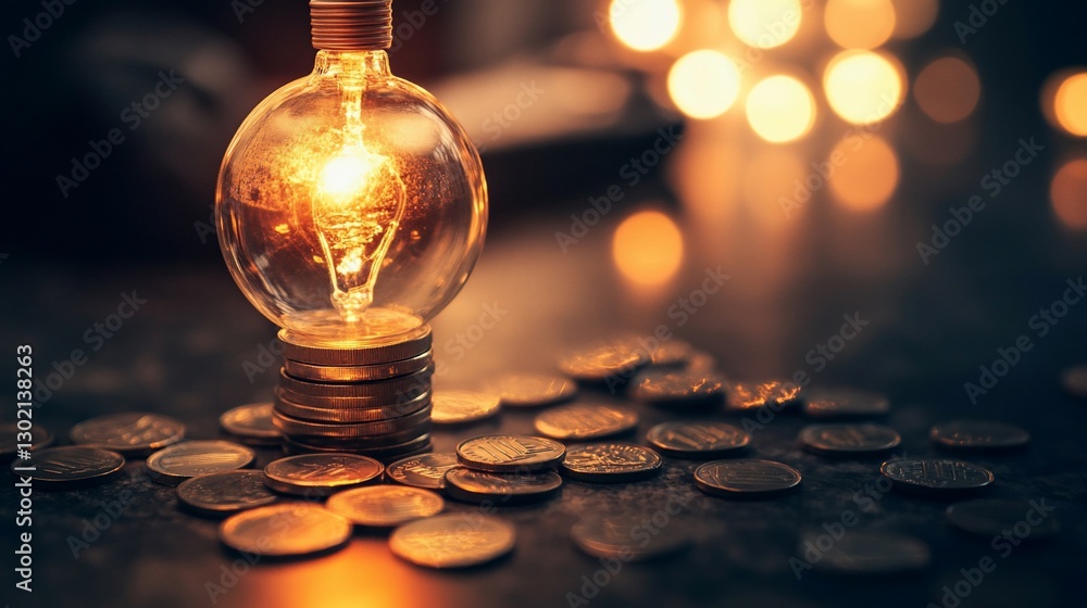 Poster glowing lightbulb on a stack of coins with scattered coins around on a dark surface