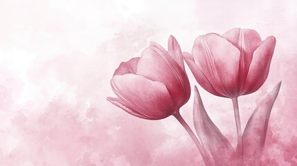 Soft watercolor tulip flowers in pastel pinks, with subtle gradient shading and delicate brush strokes. The light and airy design works well for feminine designs, greeting cards, and sophisticated bra